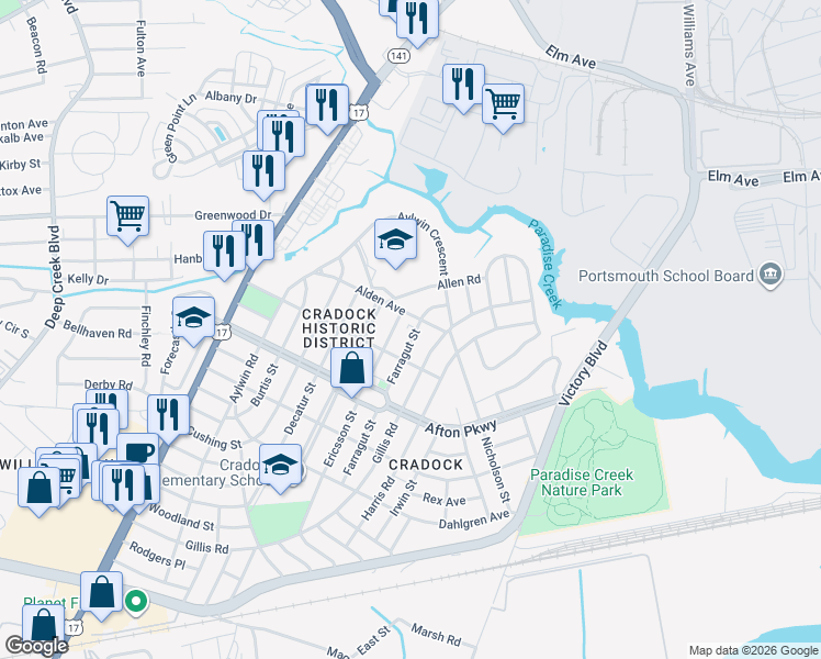 map of restaurants, bars, coffee shops, grocery stores, and more near 37 Farragut Street in Portsmouth