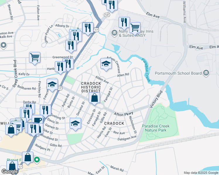 map of restaurants, bars, coffee shops, grocery stores, and more near 37 Farragut Street in Portsmouth