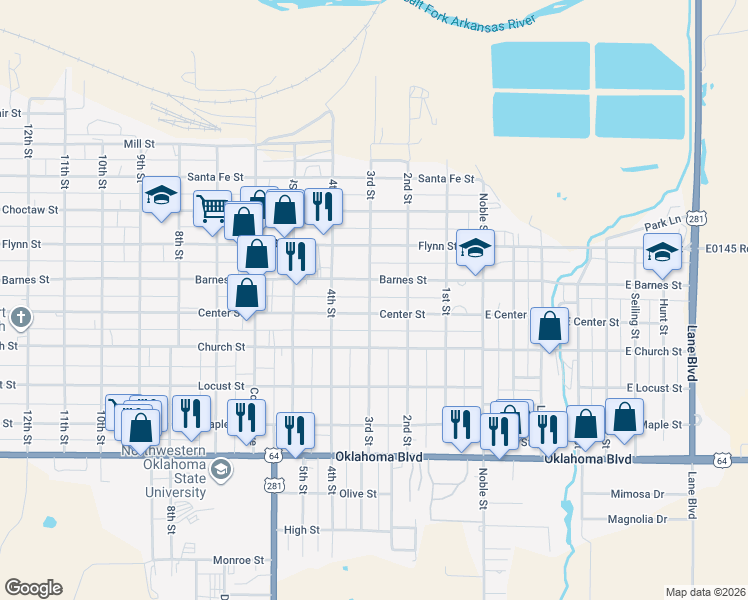 map of restaurants, bars, coffee shops, grocery stores, and more near 516 3rd Street in Alva