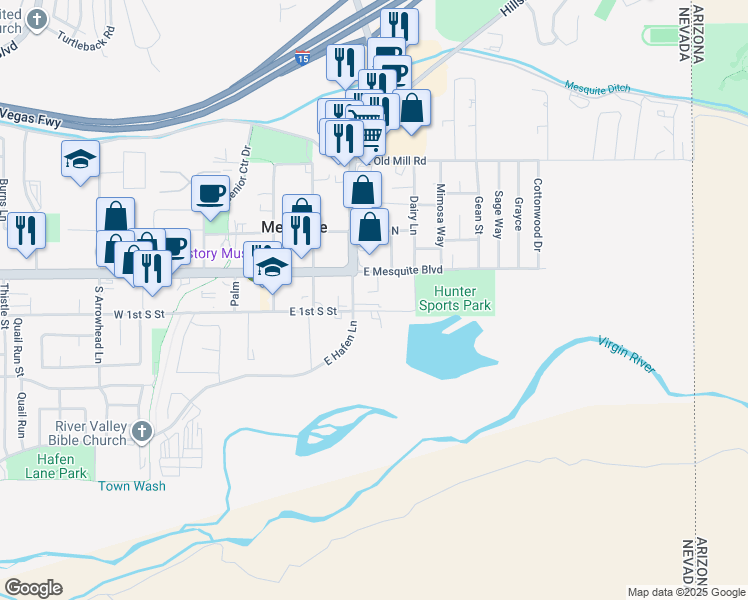 map of restaurants, bars, coffee shops, grocery stores, and more near 290 East 1st South Street in Mesquite