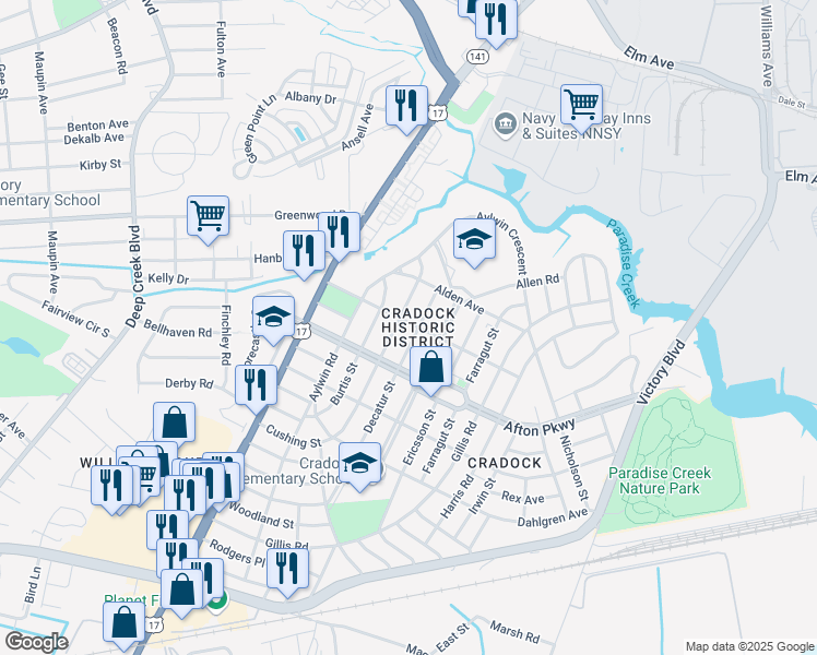 map of restaurants, bars, coffee shops, grocery stores, and more near 30 Bainbridge Avenue in Portsmouth