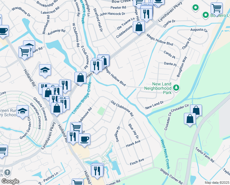 map of restaurants, bars, coffee shops, grocery stores, and more near 1010 Scarborough Court in Virginia Beach