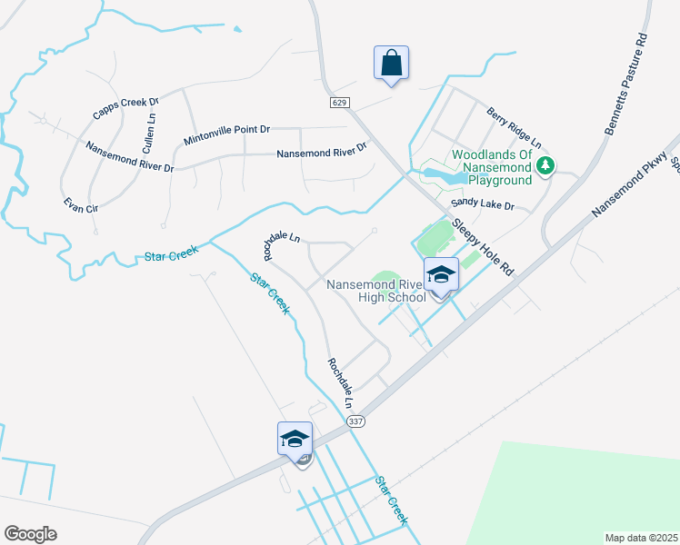 map of restaurants, bars, coffee shops, grocery stores, and more near 203 Bridgewater Court in Suffolk