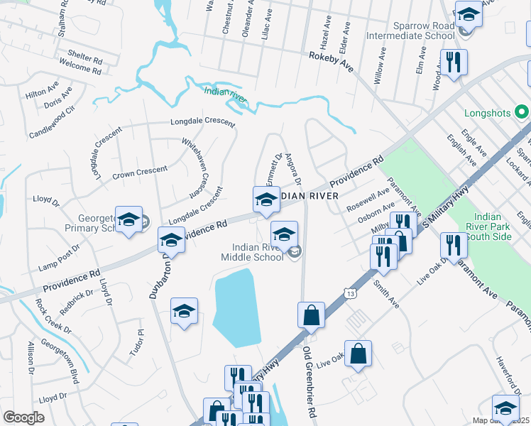 map of restaurants, bars, coffee shops, grocery stores, and more near 605 Providence Road in Chesapeake