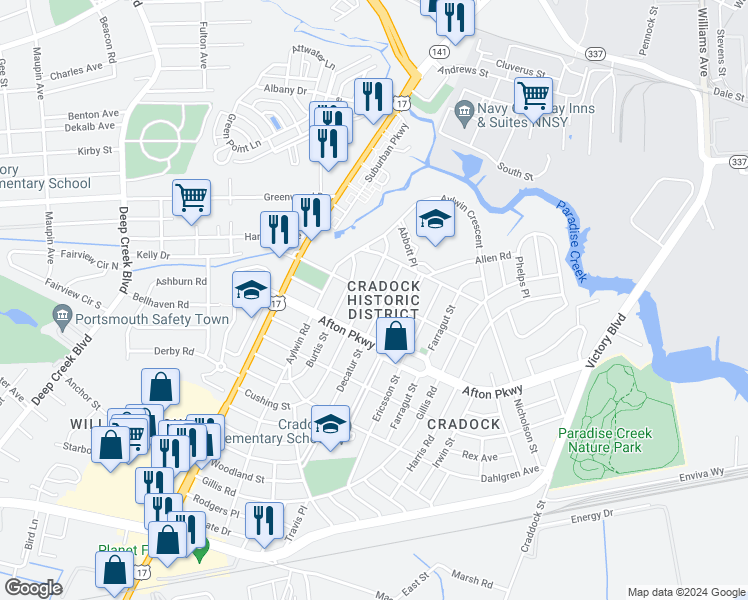map of restaurants, bars, coffee shops, grocery stores, and more near 30 Bainbridge Avenue in Portsmouth