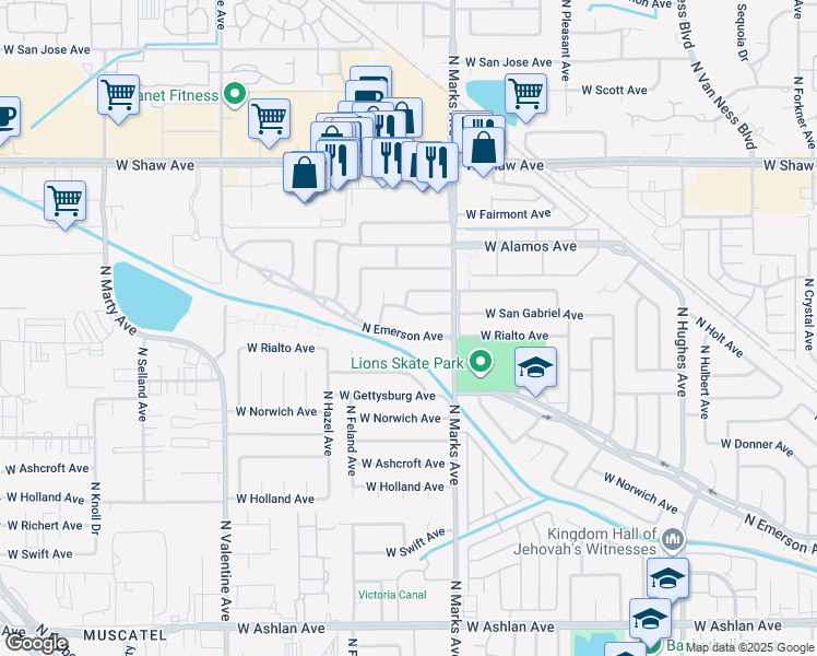 map of restaurants, bars, coffee shops, grocery stores, and more near 4514 North Emerson Avenue in Fresno