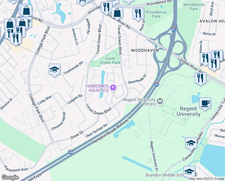 map of restaurants, bars, coffee shops, grocery stores, and more near 1129 Clear Springs Road in Virginia Beach