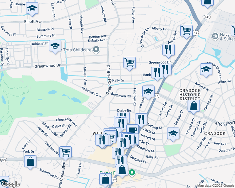 map of restaurants, bars, coffee shops, grocery stores, and more near 101 Ashburn Road in Portsmouth