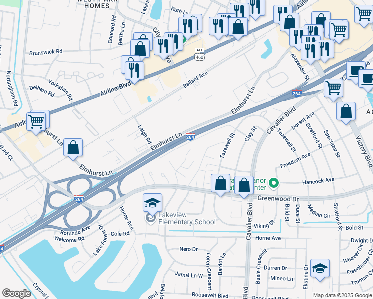 map of restaurants, bars, coffee shops, grocery stores, and more near 1620 Darren Circle in Portsmouth