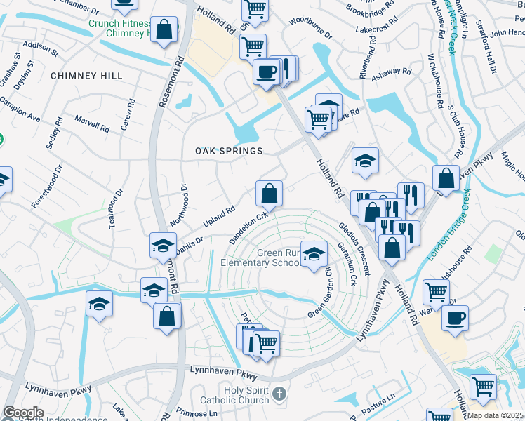 map of restaurants, bars, coffee shops, grocery stores, and more near 3432 Dandelion Crescent in Virginia Beach