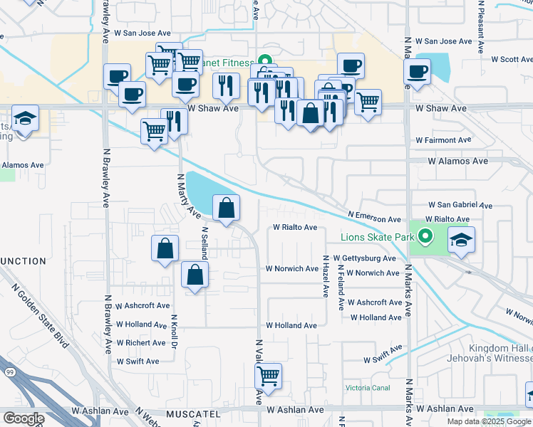 map of restaurants, bars, coffee shops, grocery stores, and more near 4481 North Charles Avenue in Fresno