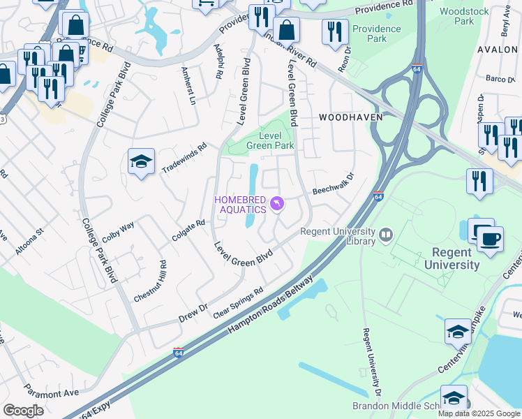 map of restaurants, bars, coffee shops, grocery stores, and more near 5960 Beechwalk Drive in Virginia Beach