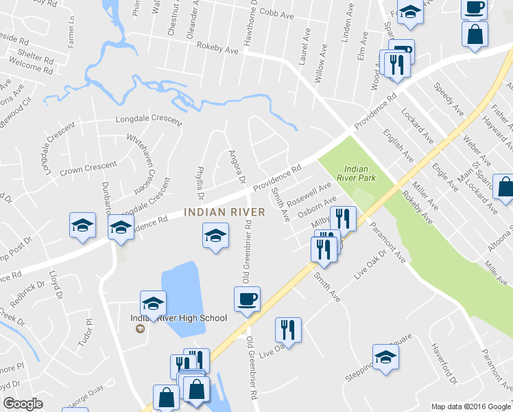 map of restaurants, bars, coffee shops, grocery stores, and more near 2477 Old Greenbrier Road in Chesapeake