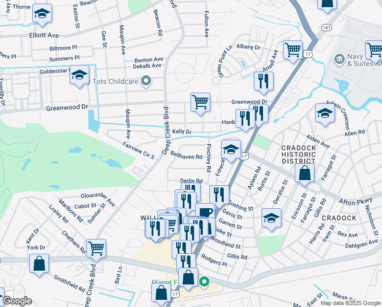 map of restaurants, bars, coffee shops, grocery stores, and more near 206 Bellhaven Road in Portsmouth