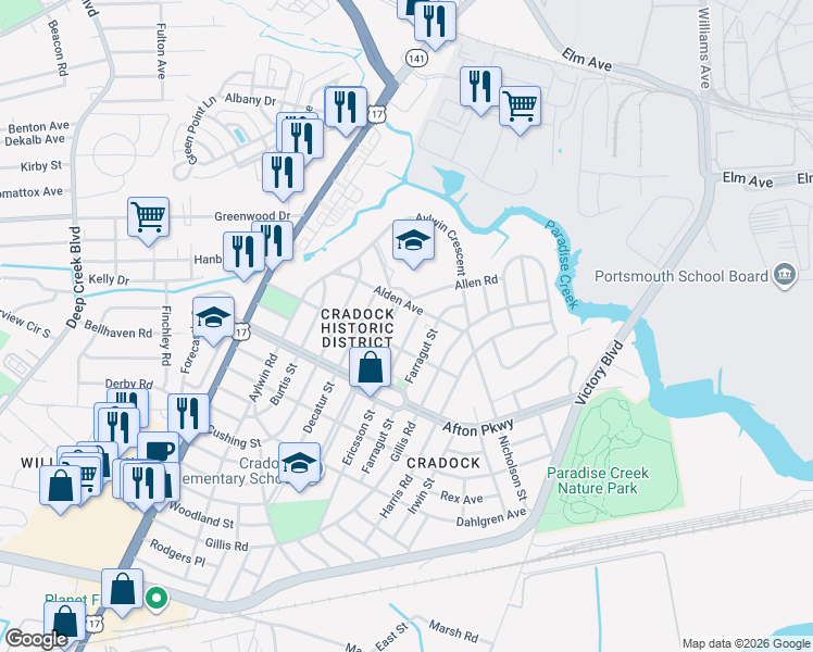 map of restaurants, bars, coffee shops, grocery stores, and more near 37 Farragut Street in Portsmouth