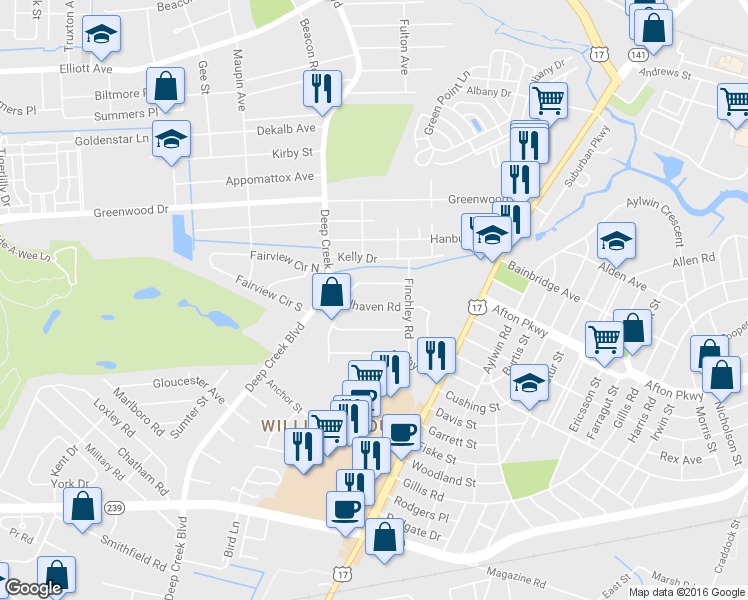 map of restaurants, bars, coffee shops, grocery stores, and more near 206 Bellhaven Road in Portsmouth