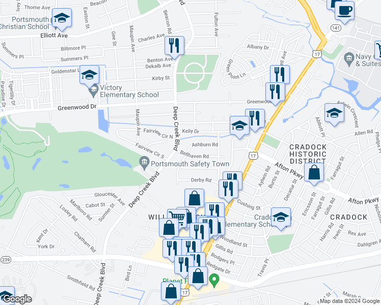 map of restaurants, bars, coffee shops, grocery stores, and more near 101 Ashburn Road in Portsmouth