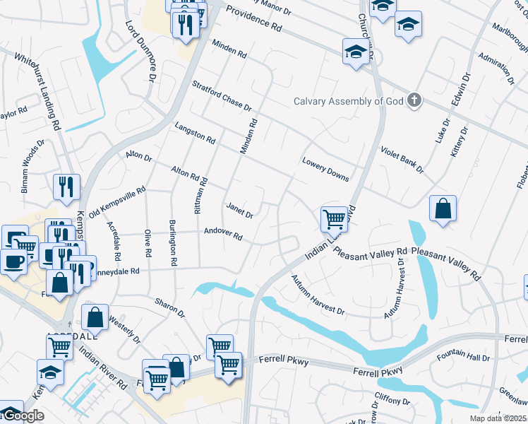 map of restaurants, bars, coffee shops, grocery stores, and more near 5109 Janet Drive in Virginia Beach