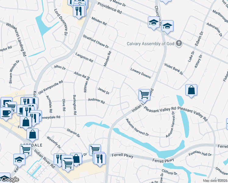 map of restaurants, bars, coffee shops, grocery stores, and more near 5109 Janet Drive in Virginia Beach