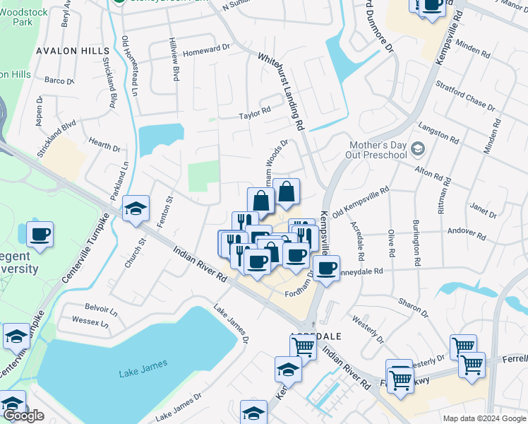 map of restaurants, bars, coffee shops, grocery stores, and more near 1149 Birnam Woods Drive in Virginia Beach