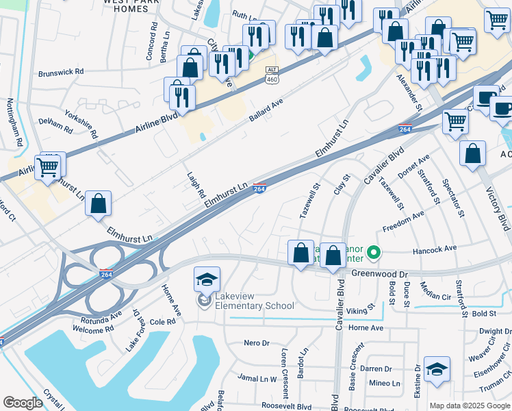 map of restaurants, bars, coffee shops, grocery stores, and more near 1626 Darren Circle in Portsmouth