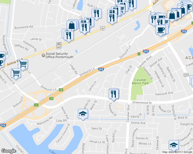 map of restaurants, bars, coffee shops, grocery stores, and more near 1626 Darren Circle in Portsmouth