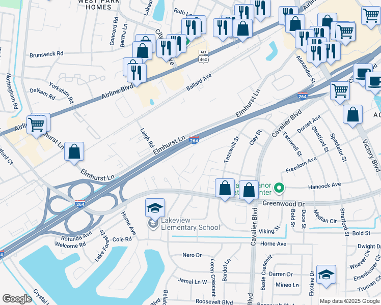 map of restaurants, bars, coffee shops, grocery stores, and more near 1624 Darren Cir in Portsmouth