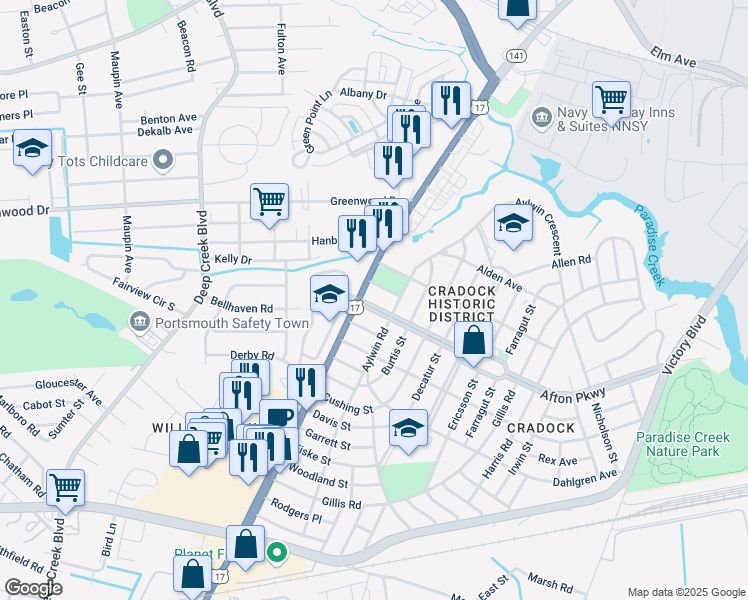 map of restaurants, bars, coffee shops, grocery stores, and more near 5 Afton Parkway in Portsmouth