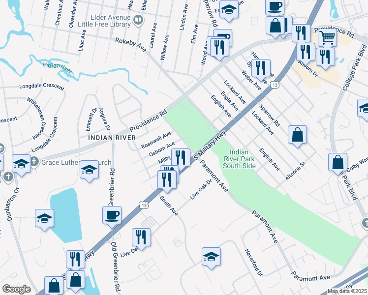 map of restaurants, bars, coffee shops, grocery stores, and more near 2310 Paramont Avenue in Chesapeake