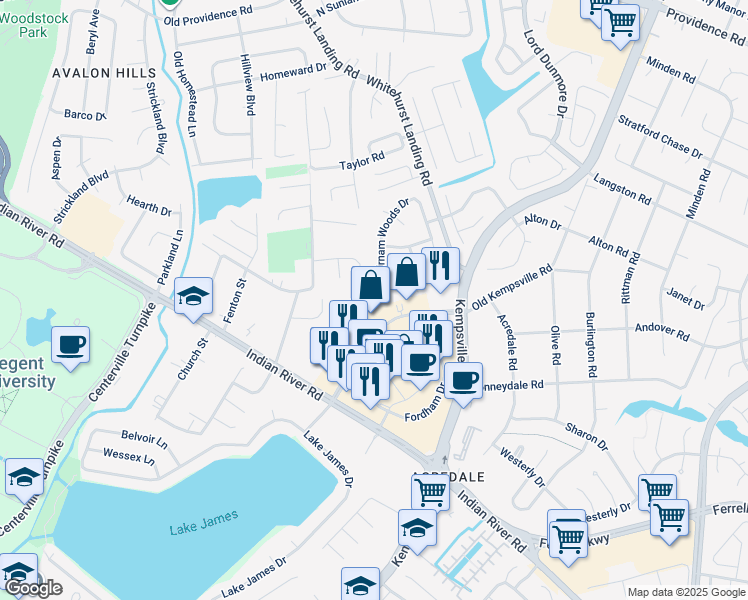map of restaurants, bars, coffee shops, grocery stores, and more near 1149 Birnam Woods Drive in Virginia Beach
