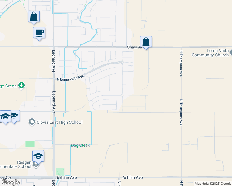 map of restaurants, bars, coffee shops, grocery stores, and more near 2605 Las Rosas Avenue in Clovis