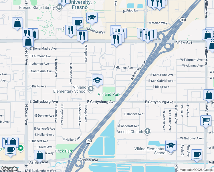 map of restaurants, bars, coffee shops, grocery stores, and more near 4695 East Gettysburg Avenue in Fresno