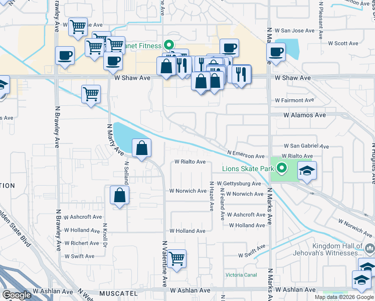 map of restaurants, bars, coffee shops, grocery stores, and more near 3314 West Rialto Avenue in Fresno