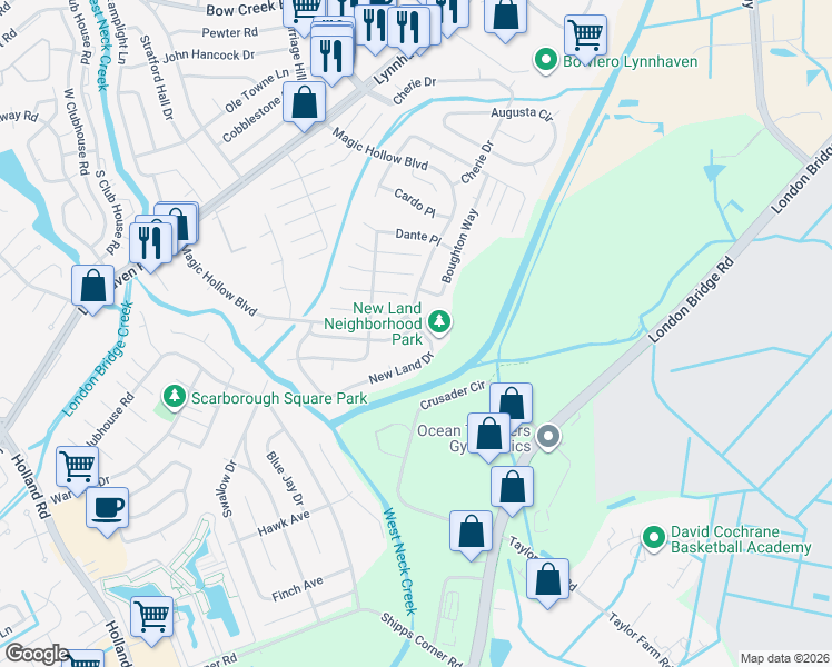 map of restaurants, bars, coffee shops, grocery stores, and more near 1286 New Land Drive in Virginia Beach