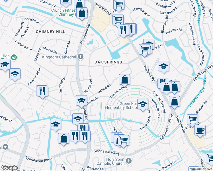 map of restaurants, bars, coffee shops, grocery stores, and more near 3737 Upland Road in Virginia Beach