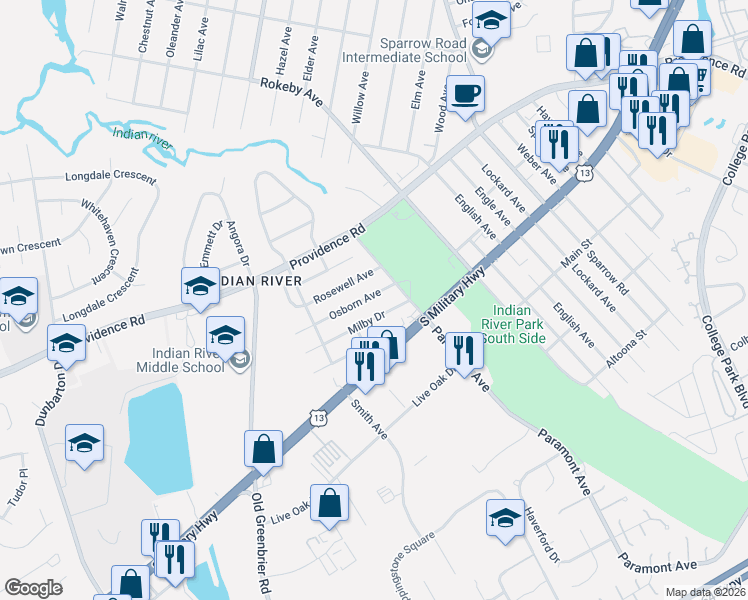 map of restaurants, bars, coffee shops, grocery stores, and more near 732 Milby Drive in Chesapeake