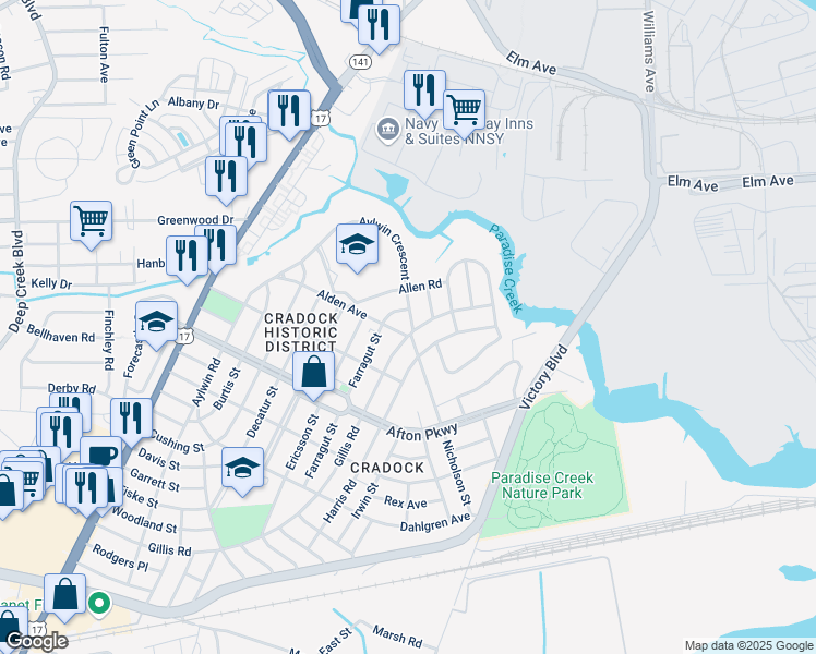 map of restaurants, bars, coffee shops, grocery stores, and more near 38 Gillis Road in Portsmouth
