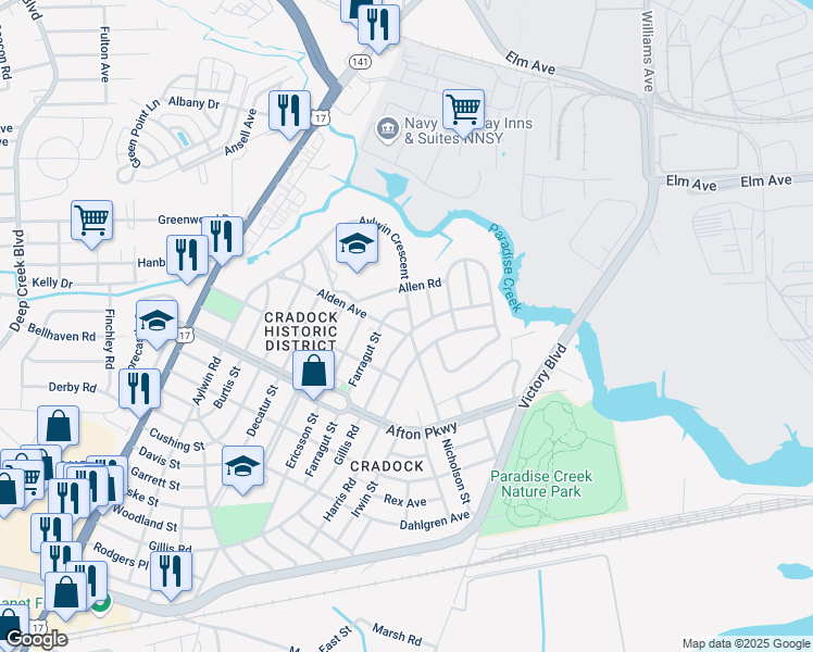 map of restaurants, bars, coffee shops, grocery stores, and more near 38 Gillis Road in Portsmouth