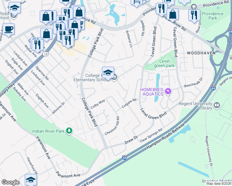 map of restaurants, bars, coffee shops, grocery stores, and more near 6083 Clear Springs Road in Virginia Beach