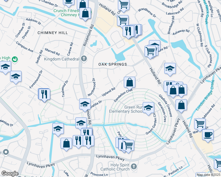 map of restaurants, bars, coffee shops, grocery stores, and more near 3737 Upland Road in Virginia Beach