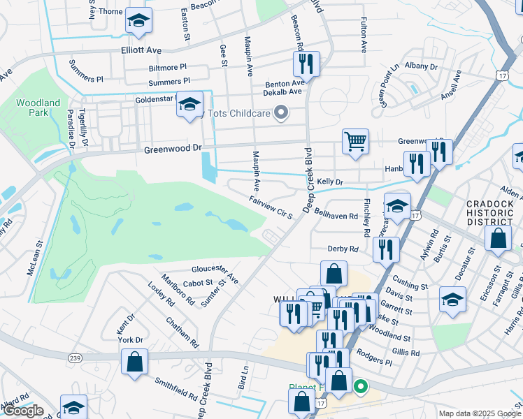 map of restaurants, bars, coffee shops, grocery stores, and more near 19 Fairview Circle South in Portsmouth