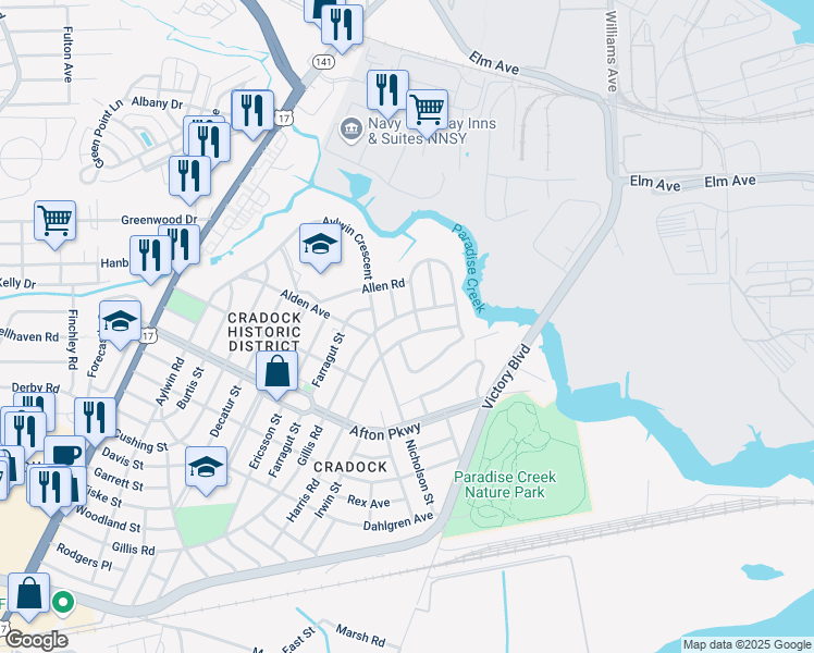 map of restaurants, bars, coffee shops, grocery stores, and more near 24 Harris Road in Portsmouth