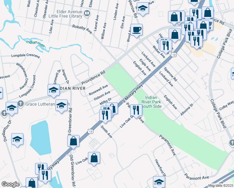 map of restaurants, bars, coffee shops, grocery stores, and more near 2310 Paramont Avenue in Chesapeake