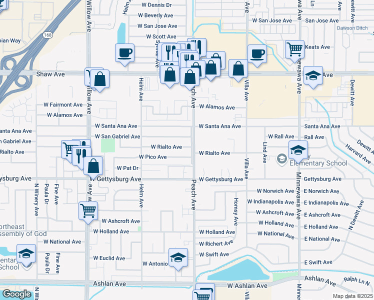 map of restaurants, bars, coffee shops, grocery stores, and more near 444 West Pico Avenue in Clovis