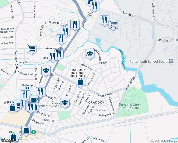 map of restaurants, bars, coffee shops, grocery stores, and more near 37 Farragut Street in Portsmouth