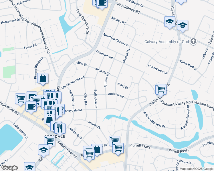 map of restaurants, bars, coffee shops, grocery stores, and more near 1116 Rittman Road in Virginia Beach