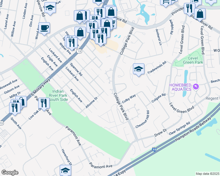 map of restaurants, bars, coffee shops, grocery stores, and more near 6472 Duquesne Place in Virginia Beach