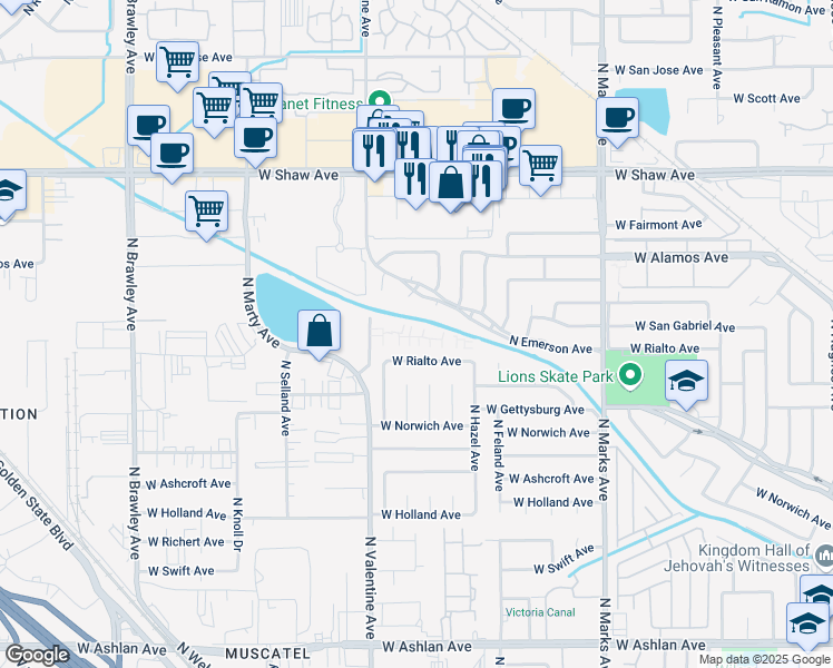 map of restaurants, bars, coffee shops, grocery stores, and more near 4597 North Emerson Avenue in Fresno