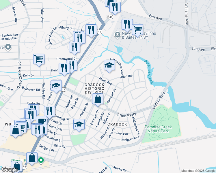 map of restaurants, bars, coffee shops, grocery stores, and more near 3 Emmons Place in Portsmouth