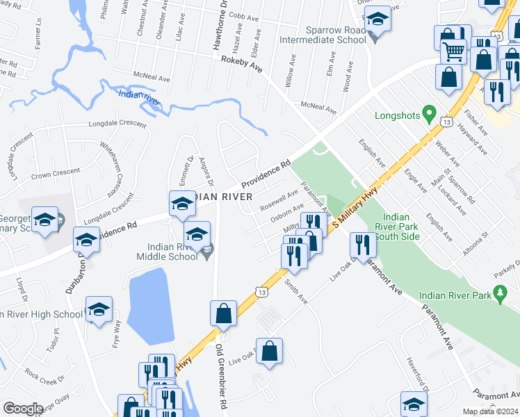 map of restaurants, bars, coffee shops, grocery stores, and more near 704 Rosewell Avenue in Chesapeake